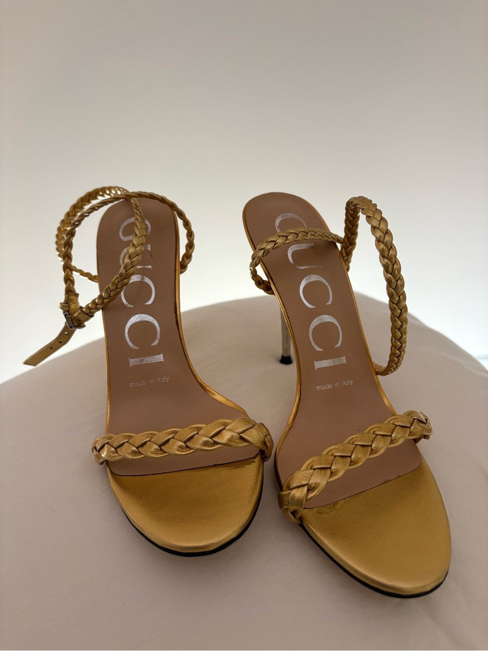 Gucci Metallic Gold Braided Strap High Heel Sandals